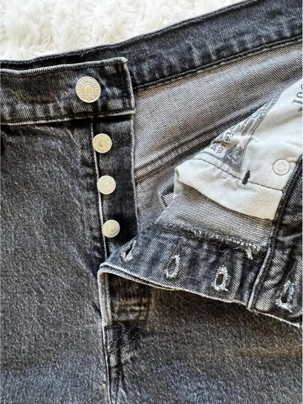 Levi’s Premium 501 Jeans Mens Gray Black Button Fly Straight Leg Cut Off Raw Hem